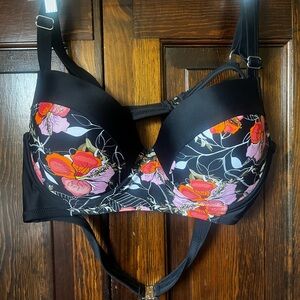 Floral Underwire Bikini - Black with Pink & Orange Flowers